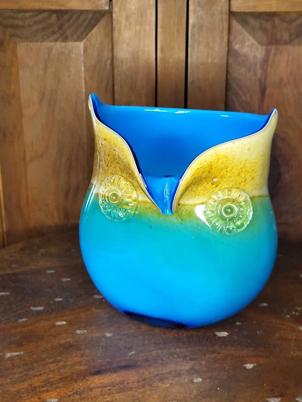 Blue and Green Glass Owl Vase